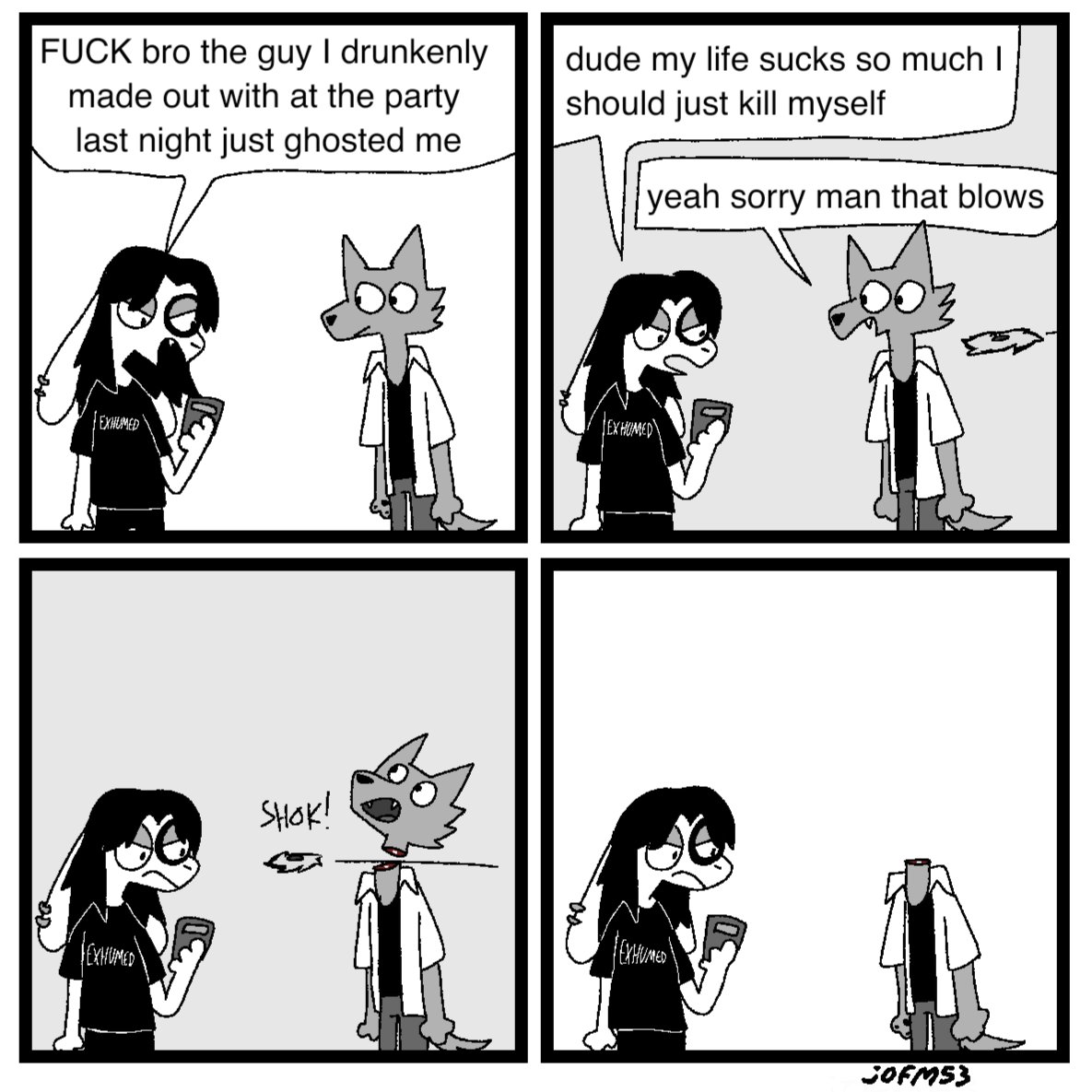 introducing my awesome grayscale 4 panel queer college aged furry slice of life webcomic