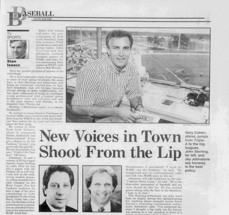 hfun_j's tweet photo. Newsday April 2 1989 New voices in town Gary Cohen John Sterling &amp; Jay Johnstone https://t.co/ta8Vhv9Wvr