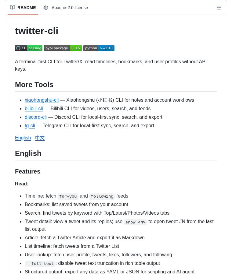 chenzeling4's tweet image. twitter-cli: Terminal-first CLI for Twitter/X. Read timelines, bookmarks, search, user profiles. Post tweets and replies. No API keys needed. YAML/JSON output for AI agents. Optional engagement scoring. Python. By public-clis.

2,351 stars
#CLI #Twitter