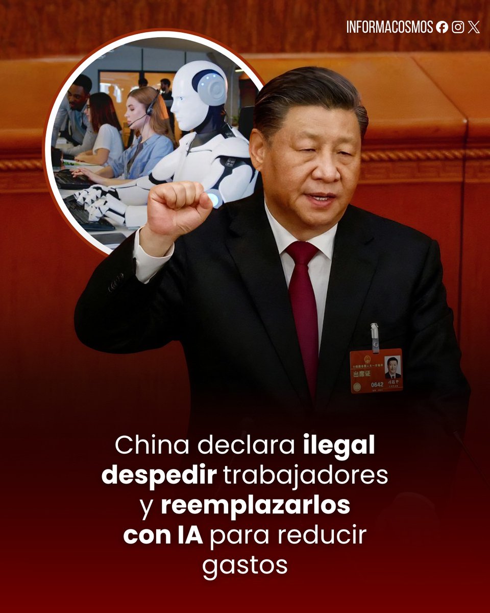 🇨🇳 | Un tribunal de China dictaminó que es ilegal despedir empleados para reemplazarlos por inteligencia artificial bajo el argumento de reducir costos.

La justicia falló a favor de un trabajador que fue cesado tras rechazar una reducción salarial, determinando que el uso de la
