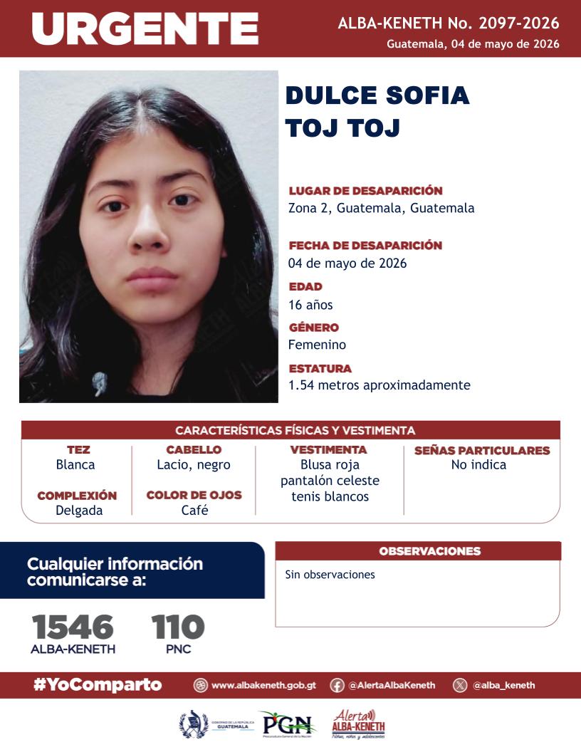 #AlertaAlbaKeneth⚠️| Dulce Sofia Toj Toj de 16 años de edad. Desapareció el 4 de mayo de 2026, en Zona 2, Guatemala, Guatemala.

🔁Comparte y ayúdanos con su localización.
📞Si tienes información llama al 1546. #YoComparto