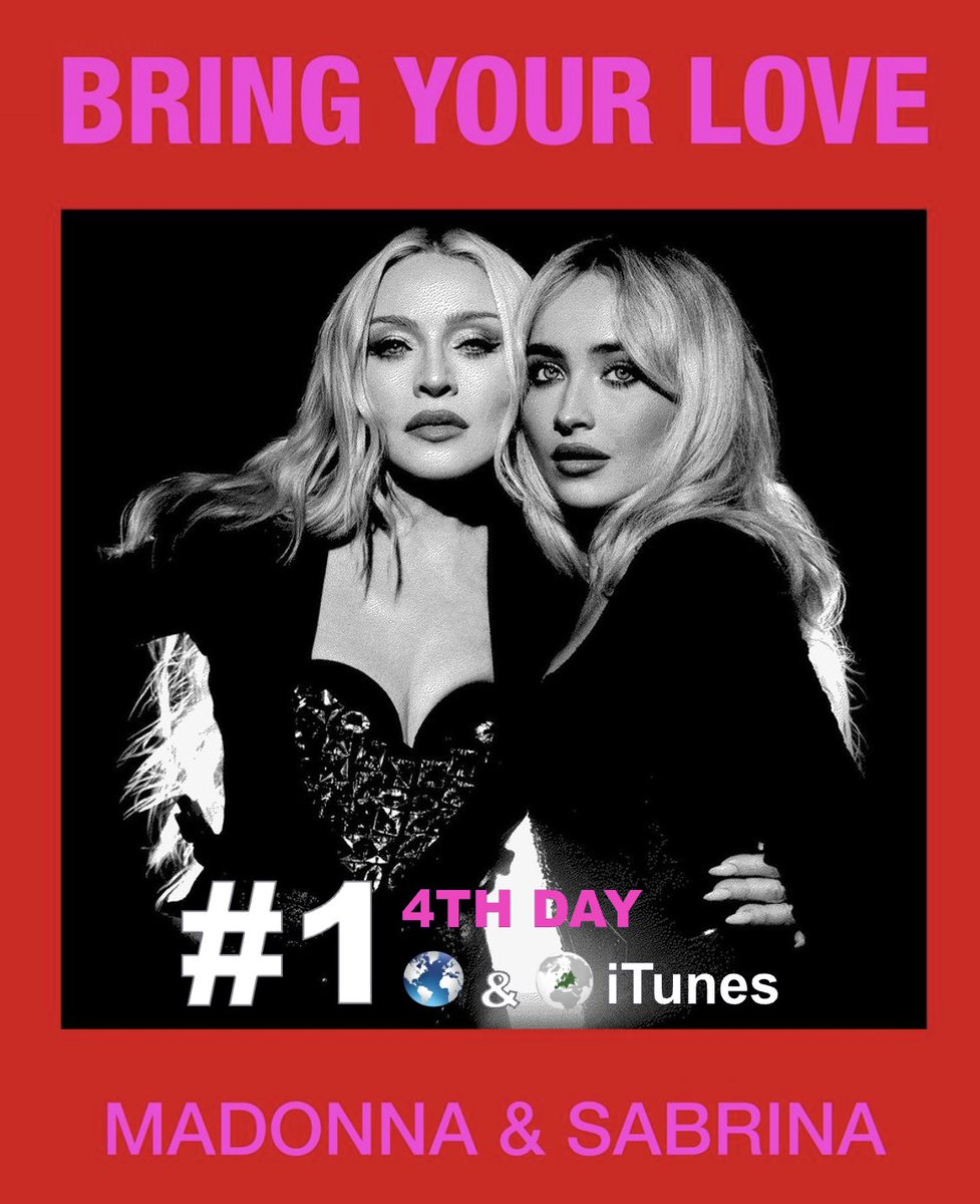 #Madonna &amp; #SabrinaCarpenter's new global smash hit, "Bring Your Love", scores a 4th day atop the Worldwide &amp; European iTunes song charts after reaching No. 1 on iTunes in 48 countries including the US &amp; UK!💪💃💃🎶1⃣🌎&amp; 🌍🎵✖️4⃣🕛➕1⃣🎵💥4⃣8⃣🌎👑👑❤️‍🔥
"Bring Your Love" is #34 on