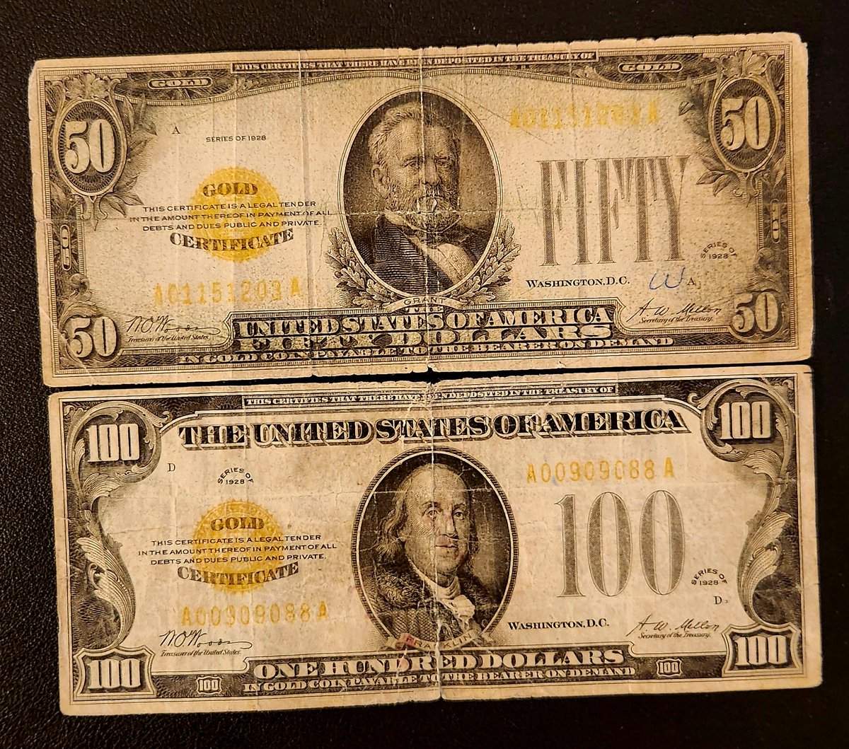 Well-worn 1928 Gold Certificates