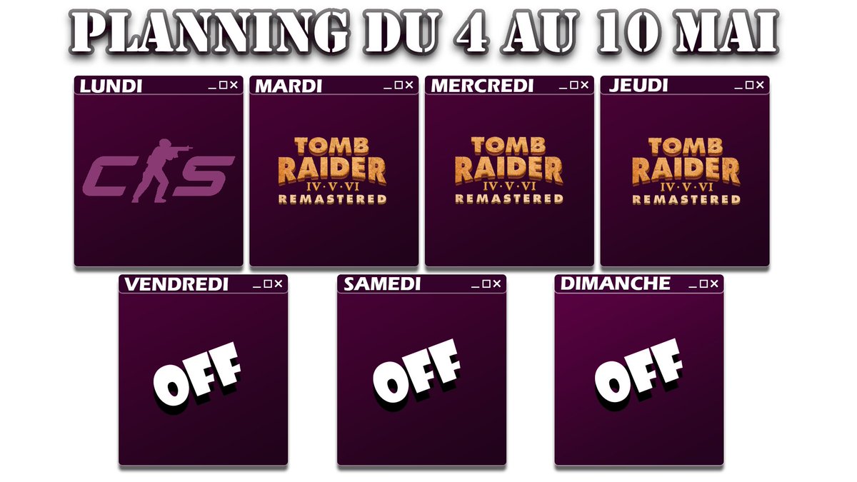 Ephemeriia's tweet image. Petite prog' cette semaine, désolée ♥
#planning #twitch #tombraider #cs