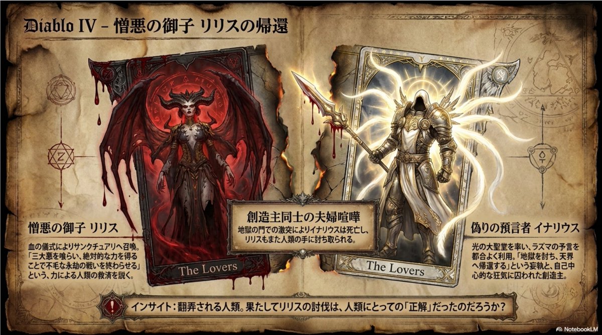 ginzanomama's tweet photo. diablo4、本編からやってるんだけど、リリス止めるためにおかしくなったイナリウスほっといてがんばってソウルストーン作ってるのはわかるんだけどなんでもめてんだっけとかまったくわからんのでGeminiくんからスライド作ってもらったらめちゃくちゃ理解でしたんで… https://t.co/UEFMg7vqcJ