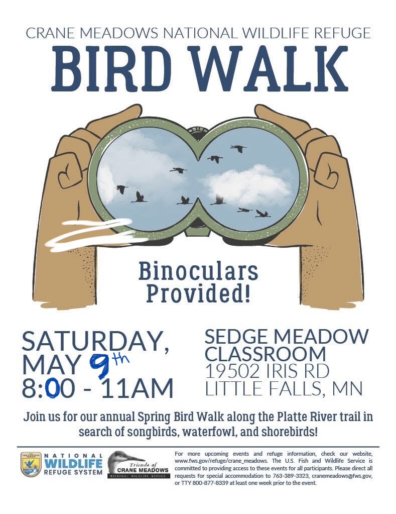 cdcmorrisonmn's tweet image. 🐦 On Sat. 5/9, is the Friends of Crane Meadows National Wildlife Refuge #BirdWalk at #CraneMeadowsNWR in #LittleFallsMN!  Maybe you’ll see a Scarlet Tanager?  Bring your binoculars. 🐦🦃🕊🦉🦢🦆

🕗 Start 8am
Sedge Meadows Classroom
📍 19502 Iris Rd

#MorrisonCounty