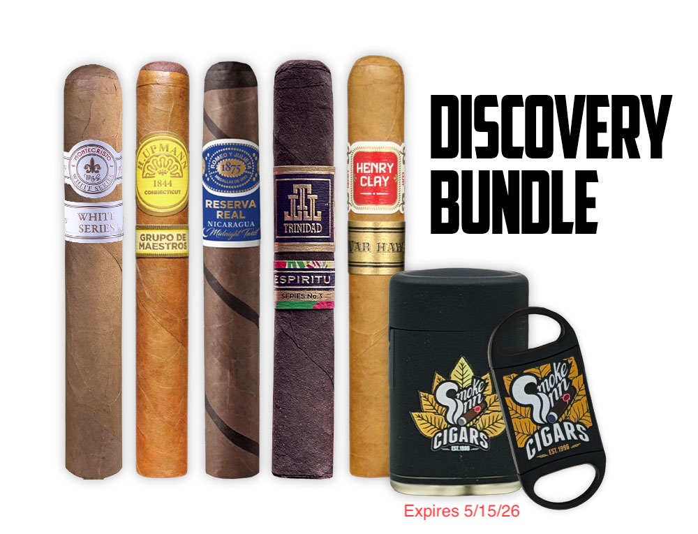 From <a href="/SmokeInnCigars/">Smoke Inn Cigars</a> 
smokeinnpremiumcigars.pxf.io/enAG0Z
Discovery Bundle
Retail: $70.6
Special: $24.95 + $1.95 Shipping
Code: SIDB26
The Discovery Bundle Includes:
1x Montecristo White Series Toro (6 x 54)
1x H. Upmann Grupo de Maestros Conn. Toro (6 x 50)
1x Romeo y Julieta Reserva Real