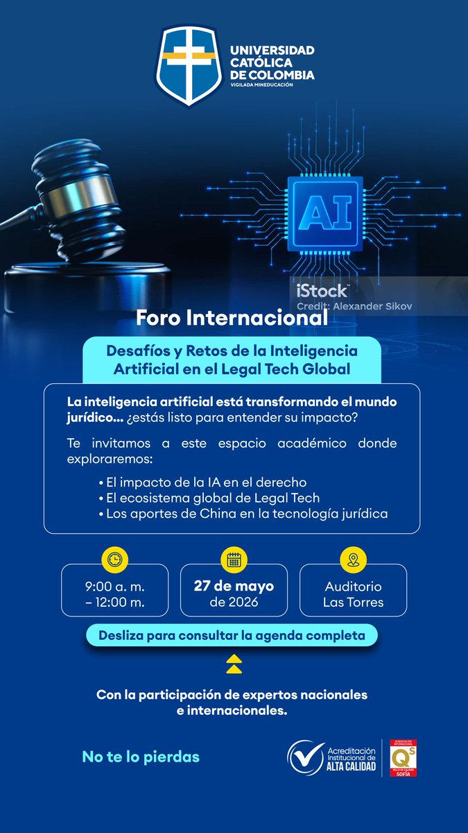 PosDerechoUcat's tweet photo. ¡Atentos! Participa en nuestro foro: Desafíos y Retos de la IA en el Legal Tech Global
📅 Fecha: 27 de mayo
⌚ Hora: 9:00 am - 12:00 m
📌 Lugar: Auditorio Las Torres https://t.co/ZIlMz3gPkZ