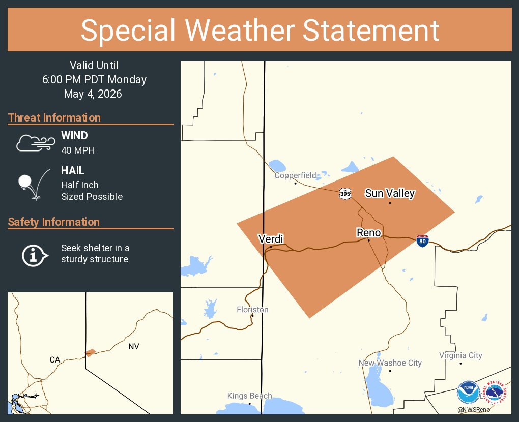 NWSReno's tweet image. A special weather statement has been issued for Reno NV, Sparks NV and  Sun Valley NV until 6:00 PM PDT #CAwx #NVwx