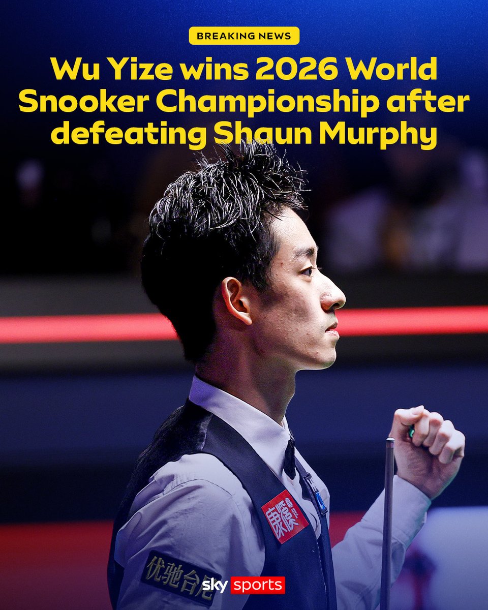SkySports's tweet image. Wu Yize is crowned the 2026 World Snooker Championship champion after the 22-year-old defeats Shaun Murphy in a dramatic final frame shootout 🏆