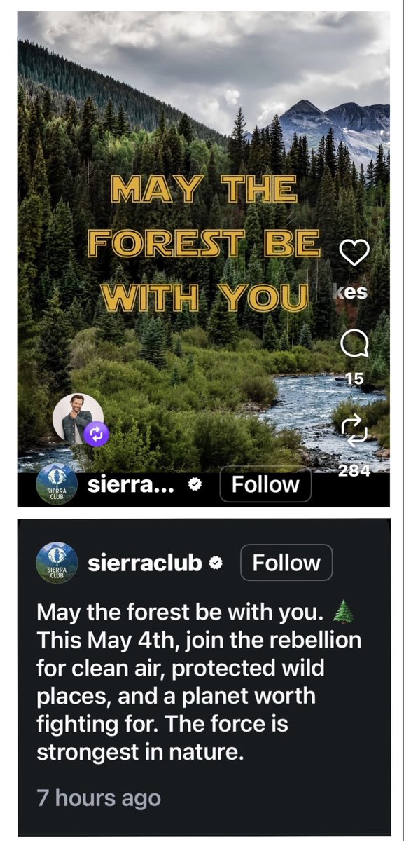 That’s our boy, reposting posts about the planet and Star Wars day. 😂