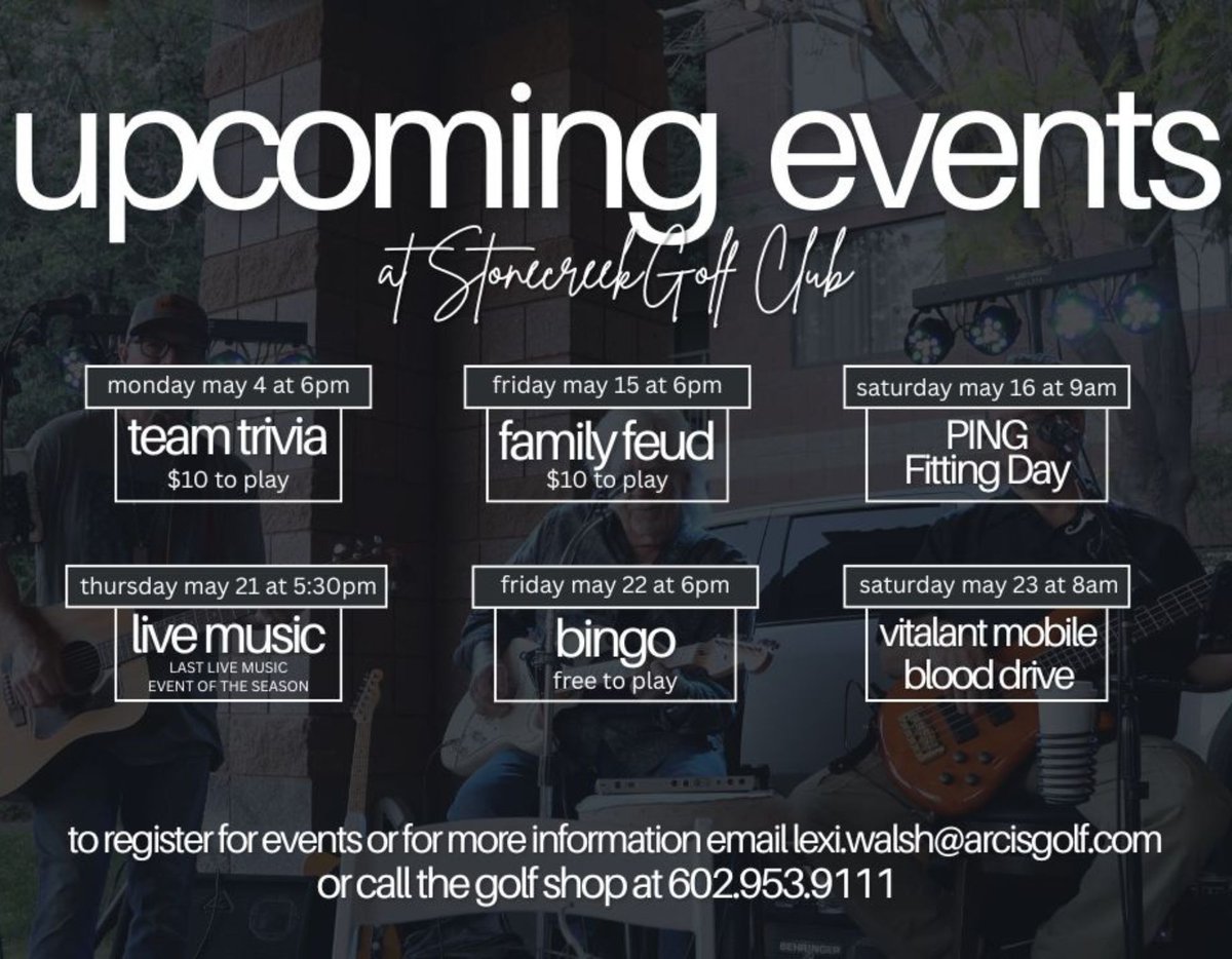 StonecreekGolf's tweet image. Something for everyone this May at Stonecreek ⛳️✨
Mark your calendars, grab your friends, and join us for a month full of great events and even better memories
.
#ArcisGolf #StonecreekGC #Events #CommunityEvents