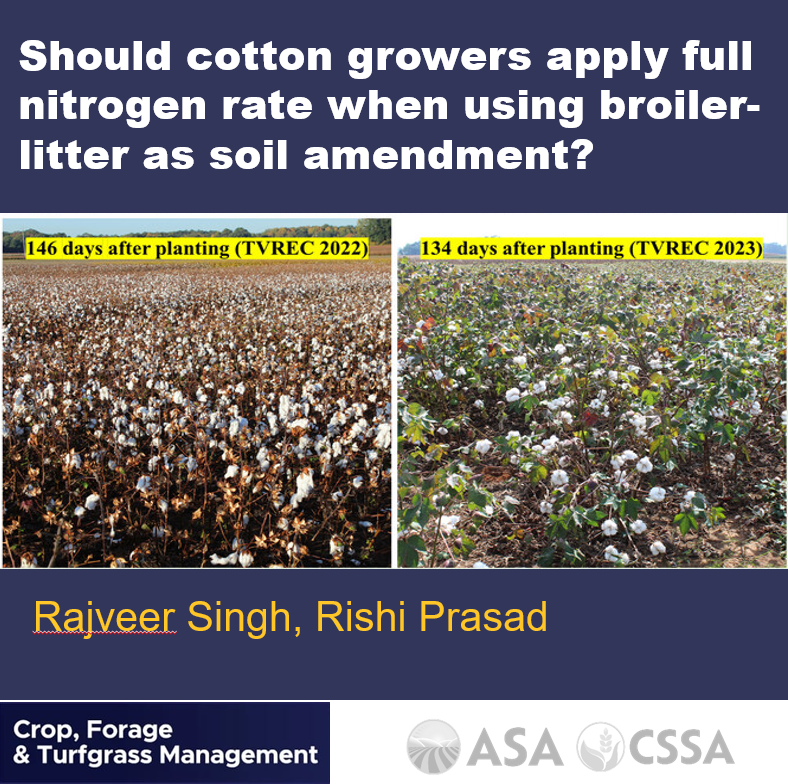 cropforageturf's tweet photo. N with broiler litter in cotton
Supplemental N only paid off at high yield potential sites. In low yield potential conditions, broiler litter alone was sufficient, with no yield benefit from extra N.
Read more🔗https://t.co/J6vvRHxfny https://t.co/GeVmlWve4h