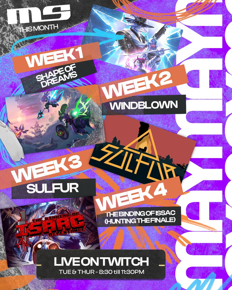 mind5tate's tweet photo. THE MAY LINEUP IS HERE 🔥

This month on stream we're running through some of my favourite roguelikes going right now:

⚔️ Shape of Dreams
🌀 Windblown 
🔫 SULFUR
📖 Binding of Isaac: Repentance

Tues &amp; Thurs on Twitch. Come lock in 🔒

https://t.co/PJLT30R39L https://t.co/0hf6OJGQfR