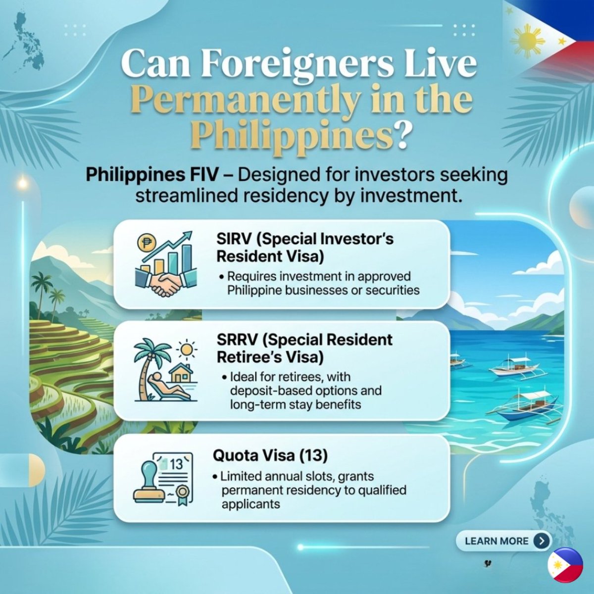 metropolishub's tweet photo. We’ve been seeing a lot of expats asking:

“Can I live in the Philippines long-term even if I can’t own property?”

The answer is yes—there are legal and flexible ways to stay permanently.

While foreign ownership of land is limited, the Philippines offers residency options designed for expats who want to: 

✔️ Retire comfortably
✔️ Enjoy long-term stay without complicated requirements

From retirement visas to investor-friendly residency programs, the Philippines continues to be a top choice in Asia for expats seeking flexibility, affordability, and lifestyle.

The key is understanding which option aligns with your long-term goals—and getting the right guidance early on.

✨ Permanent life in the Philippines is more achievable than you think.

🔗 Learn more: https://t.co/mywWAqbhrF

#PhilippinesResidency #ExpatLifePhilippines #LiveInThePhilippines #MoveToPhilippines #RetireInThePhilippines #PhilippinesVisa #ExpatAdvice #DigitalNomadLife #PhilippinesLiving #ResidencyByInvestment