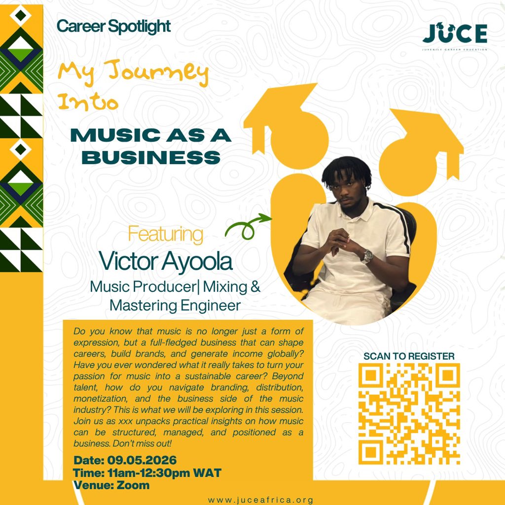 JuCEAFRICA's tweet photo. Dear Student, Parent/Guardian, and Educator. We have yet another exciting conversation titled " My Journey Into Music As A Business”.

Date: Saturday, May 09, 2026
Time: 11.00 am – 12.30pm WAT https://t.co/bPkxDTnij6