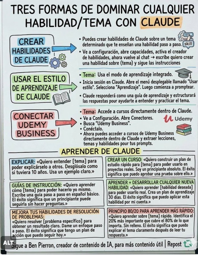 virginiog's tweet photo. Claude (de Anthropic) se ha consolidado como uno de los mejores “tutores definitivos” gracias a varias características que lo hacen especialmente fuerte para el aprendizaje personalizado;  

-Projects -Skills “habilidades personalizadas”

-Modo de aprendizaje / diálogo socrático https://t.co/ElHM048bSk