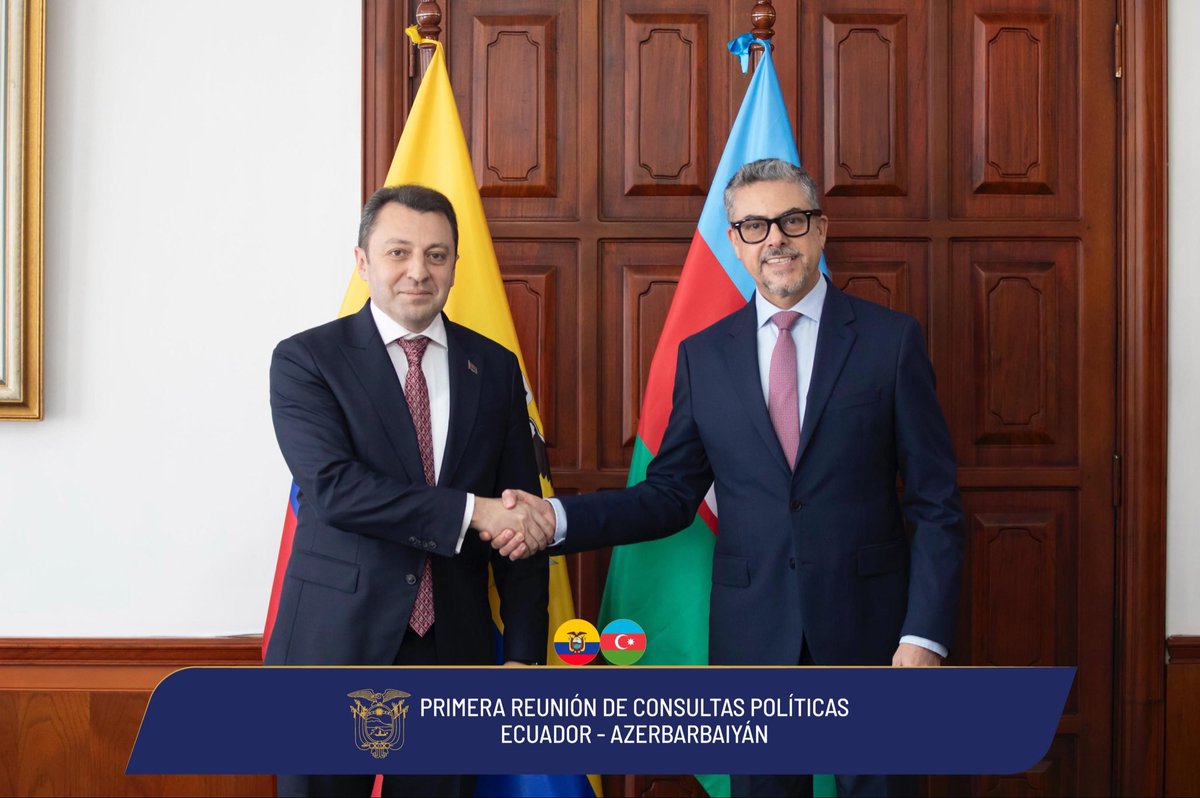 🔹Ecuador y Azerbaiyán celebraron en Quito la Primera Reunión de Consultas Políticas presididas por los Viceministros Alejandro Dávalos 🇪🇨 y Elnur Mammadov 🇦🇿.

El diálogo fortaleció la agenda bilateral en comercio, inversión, educación, ciencia y cooperación.