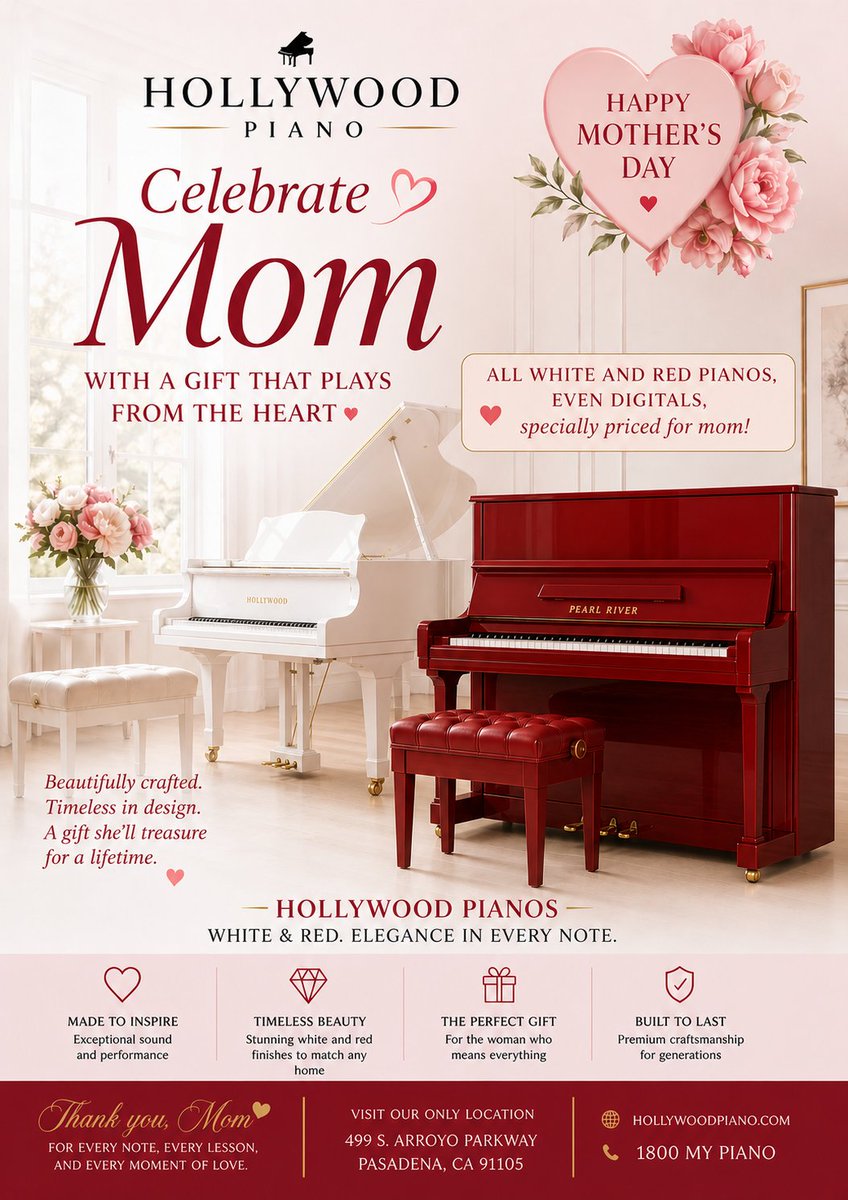 HollywoodPiano's tweet image. 🌸🎹 Give Mom a gift that plays from the heart 💖
White &amp;amp; red pianos (even digitals) now specially priced!
💭 What song would you play for her?
👉 hollywoodpiano.com/hollywood-pian…
📍 Pasadena, CA | 📞 1-800-MY-PIANO
#mothersday #giftideas #piano #music #sale