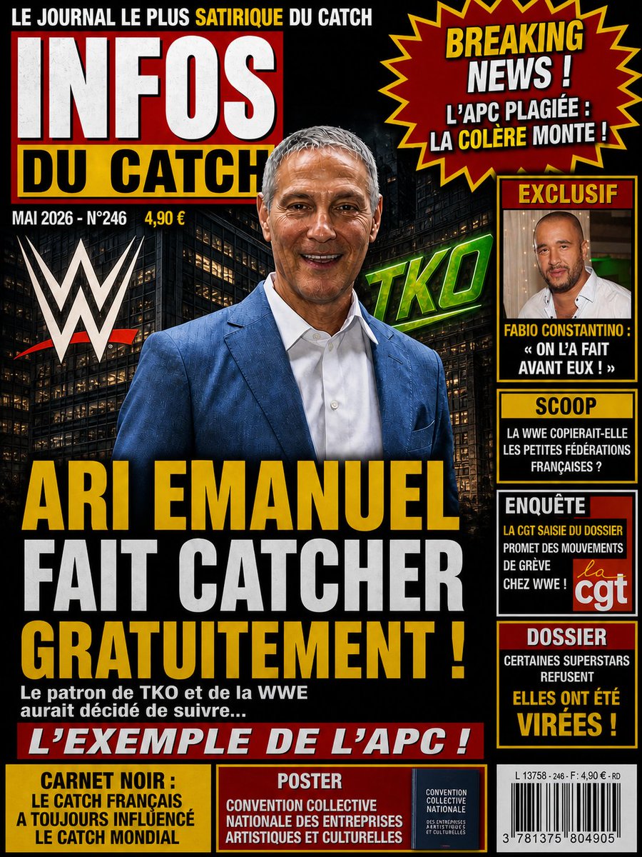 infosducatch's tweet photo. 🚨 TKO / WWE en pleine polémique
Des Superstars sommées de catcher GRATUITEMENT 😳
Refus = licenciement.
l'APC en colère.
La CGT saisit le dossier…
🔥 La crise commence
📰 INFOS DU CATCH #246
Disponible maintenant chez votre marchand de journaux 
#WWE #TKO #Catch https://t.co/DtJiJsUzgQ