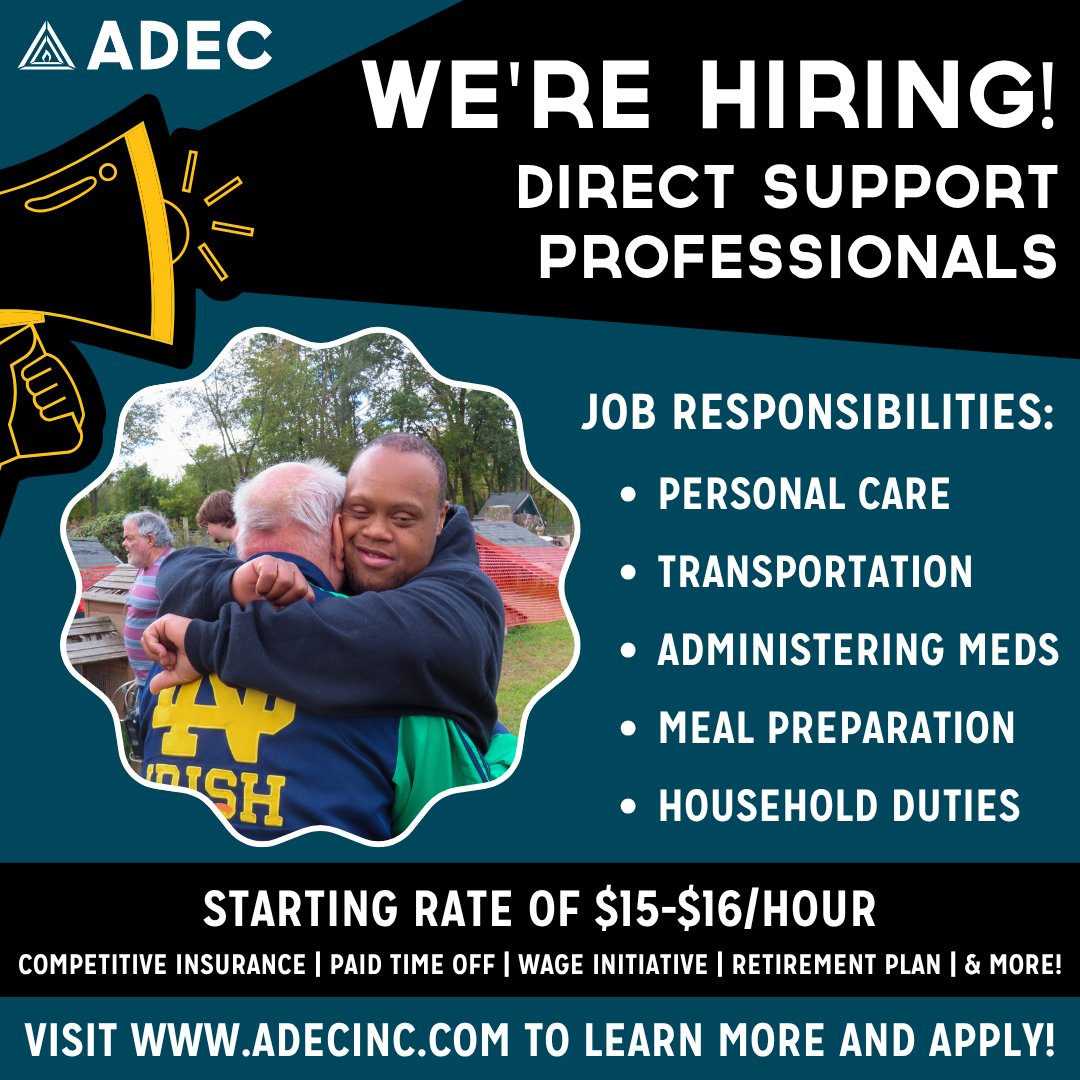 ADEC1952's tweet image. We are looking for a dedicated DSP to join the ADEC team.

We are excited to offer a NEW starting pay of $16/hour, with a $1 raise in your first year as you grow with us. 

Visit our website at adecinc.com to apply.

#DSP #DirectSupport #ADEC #IndianaJobs
