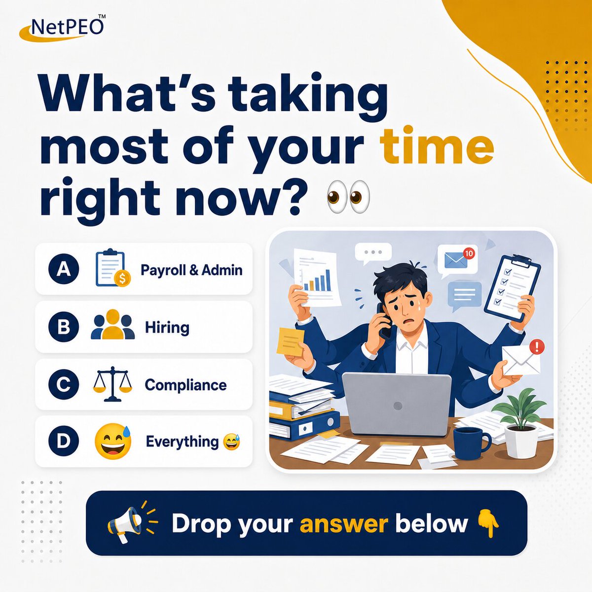 netpeo's tweet image. Running a business shouldn’t mean drowning in admin tasks. 

From payroll to compliance, the right support can free your time to focus on growth. What’s taking up most of your day right now? ⏳

 #BusinessGrowth #EntrepreneurLife #HR #Productivity #SmallBusiness