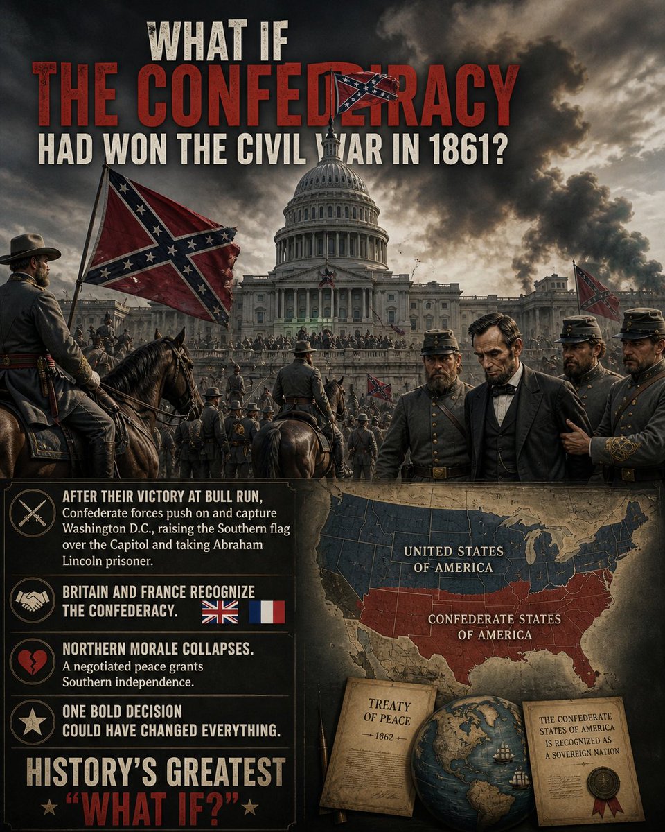 MorelDenis16's tweet image. Northern morale collapses. A negotiated peace grants Southern independence.
One bold decision could have changed everything.
History’s greatest “What If?”
[Attach the image]
#AlternateHistory #CivilWar #WhatIf #ConfederateVictory