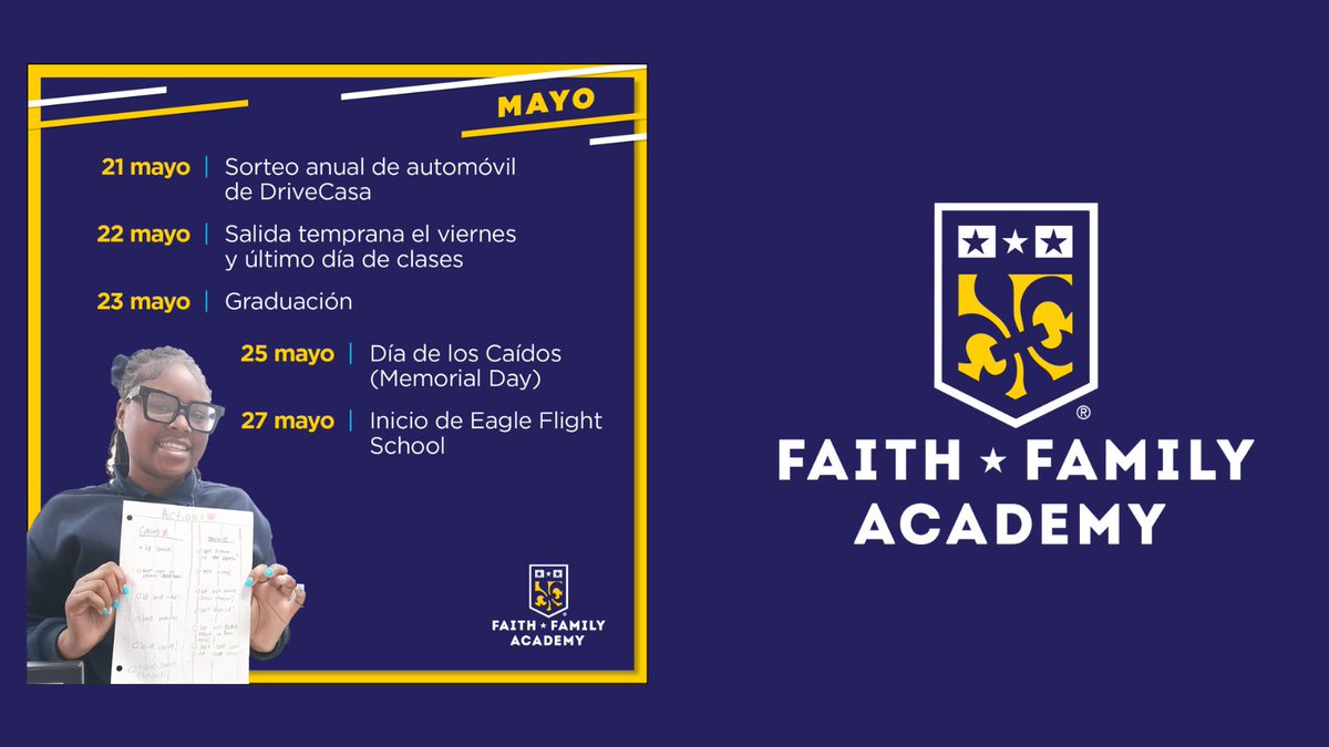 FaithFamilyAcad's tweet image. 🦅 It’s the May Eagle Outlook for Oak Cliff! Check out all the sports events, academic trips, and early releases coming up this month for our OC Eagles!
#StudentsFirstatFFA #GoldStandard #publicschools #openenrollment