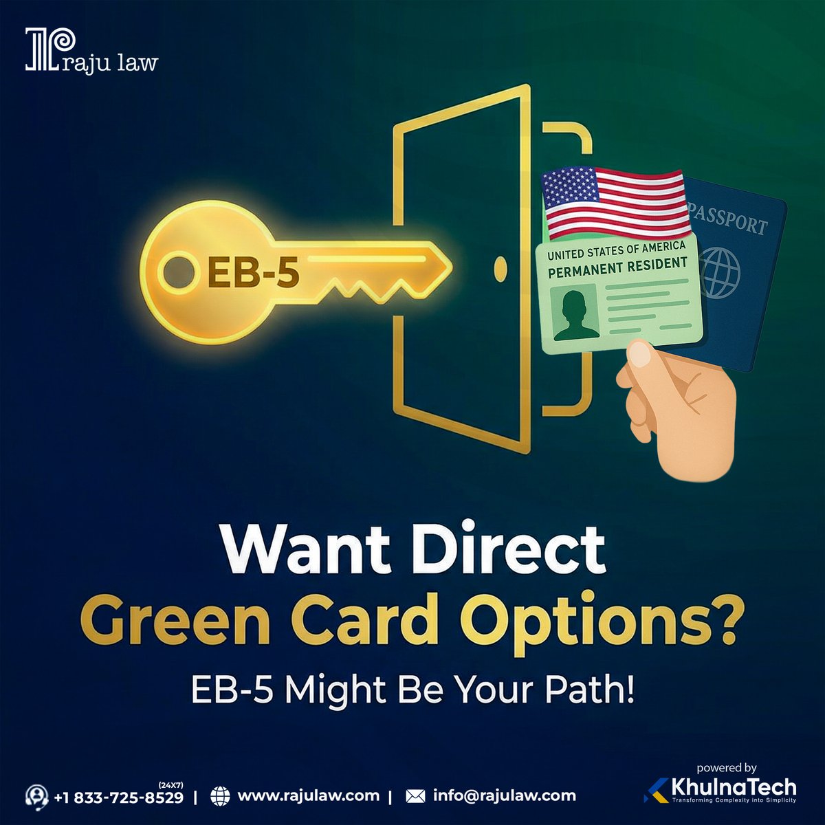 rajulawusa's tweet photo. The EB-5 program offers investors a direct path to a U.S. Green Card through job-creating investments. With demand rising in 2026, early planning is key. Raju Law helps you choose the right model, prepare documents, and file with confidence.

#EB5Visa #GreenCardUSA #InvestInUSA https://t.co/j1XeEcDd2R