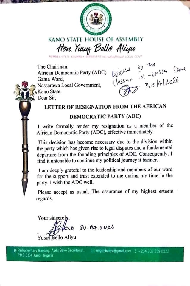 I wish to inform the people of Nassarawa Local Government and Kano State at large that I, Engr. Bello Aliyu Yusuf, have resigned from the African Democratic Congress (ADC) due to internal conflicts and legal issues within the party.

I wish everyone well.