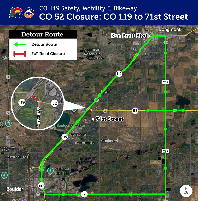 ColoradoDOT's tweet image. #CDOT #News: Temporary closure of #CO52 between #CO119/Diagonal Highway and 71st Street scheduled for May 6 to 9. Closure required to connect CO 52 with realigned CO 119/Diagonal Highway.
📰codot.gov/news/2026/may2…