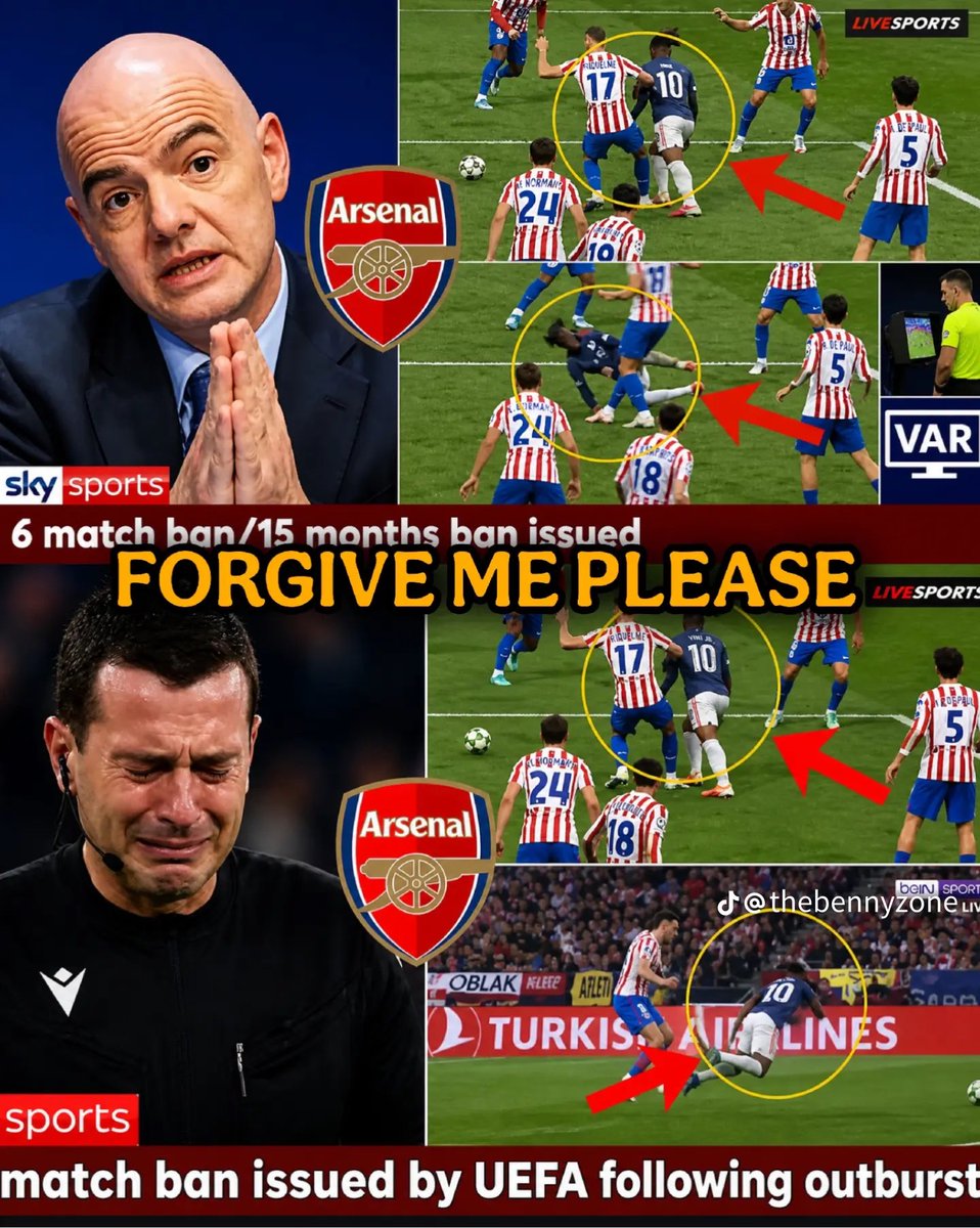 The referee finally begs for mercy after three errors, including the Eberechi Eze overturned penalty incident against Ath Madrid. UEFA has released new verdicts on the match officials this morning. Congratulations Arsenal fans, justice has finally been served! 🔥🔥🔥 #Football