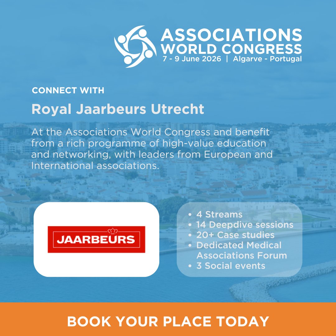 AssnExecs's tweet image. Thank you to Royal Jaarbeurs Utrecht @jaarbeurs
is exhibiting at the Associations World Congress 2026 #AWC26 
7-9 June, Algarve, Portugal. associationexecutives.org/events/associa… 

Connect with their team to discover how their venues can elevate your future events.

#Events #Associations #AWC26
