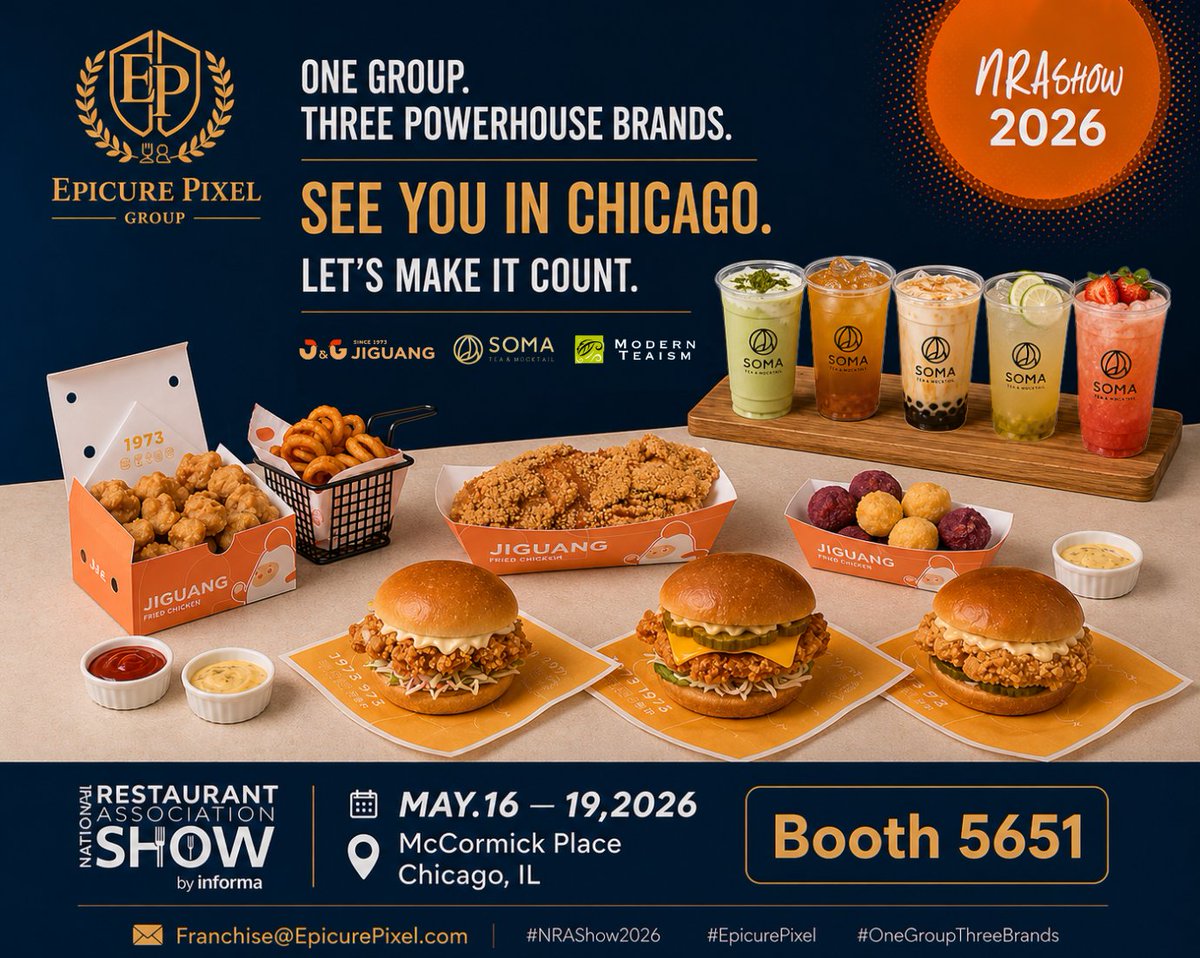 EpicurePixel's tweet photo. 📅 NRA Show 2026 is almost here.
EpicurePixel Group — J&G Fried Chicken, SOMA Tea & Mocktail, Modern Teaism — will be at McCormick Place, May 16–19.
Want a dedicated meeting? Our calendar is filling fast. DM us or email in advance.
📧 Franchise@EpicurePixel.com
See you in Chicago. #NRAShow2026 #EpicurePixel