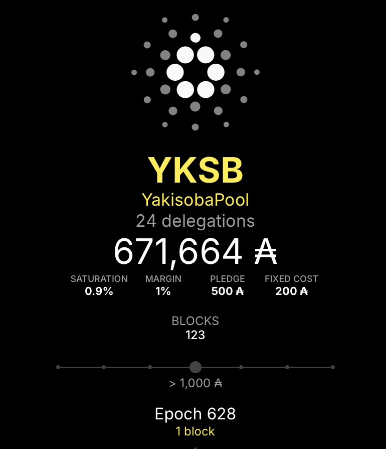 本ステークプールは629エポックへ移行しました。 628エポックでは1ブロックの生成スケジュール割り当てがあり、1ブロック生成しました。 これからも応援よろしくお願いします！そして皆様の委任をお待ちしております。🙇回線を変更して安定した稼働状態を保っております。😄