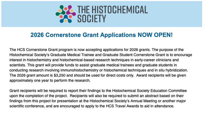 histochemnews's tweet photo. HCS Cornerstone Grants are OPEN!     

Graduate students/medical trainees conducting research involving immunohistochemistry or histochemical techniques are welcome to apply for this grant.  

📅 Deadline: June 30, 2026  

For more info & to apply: https://t.co/5k42xPYMA7 

#scicomm #AcademicChatter #STEMeducation