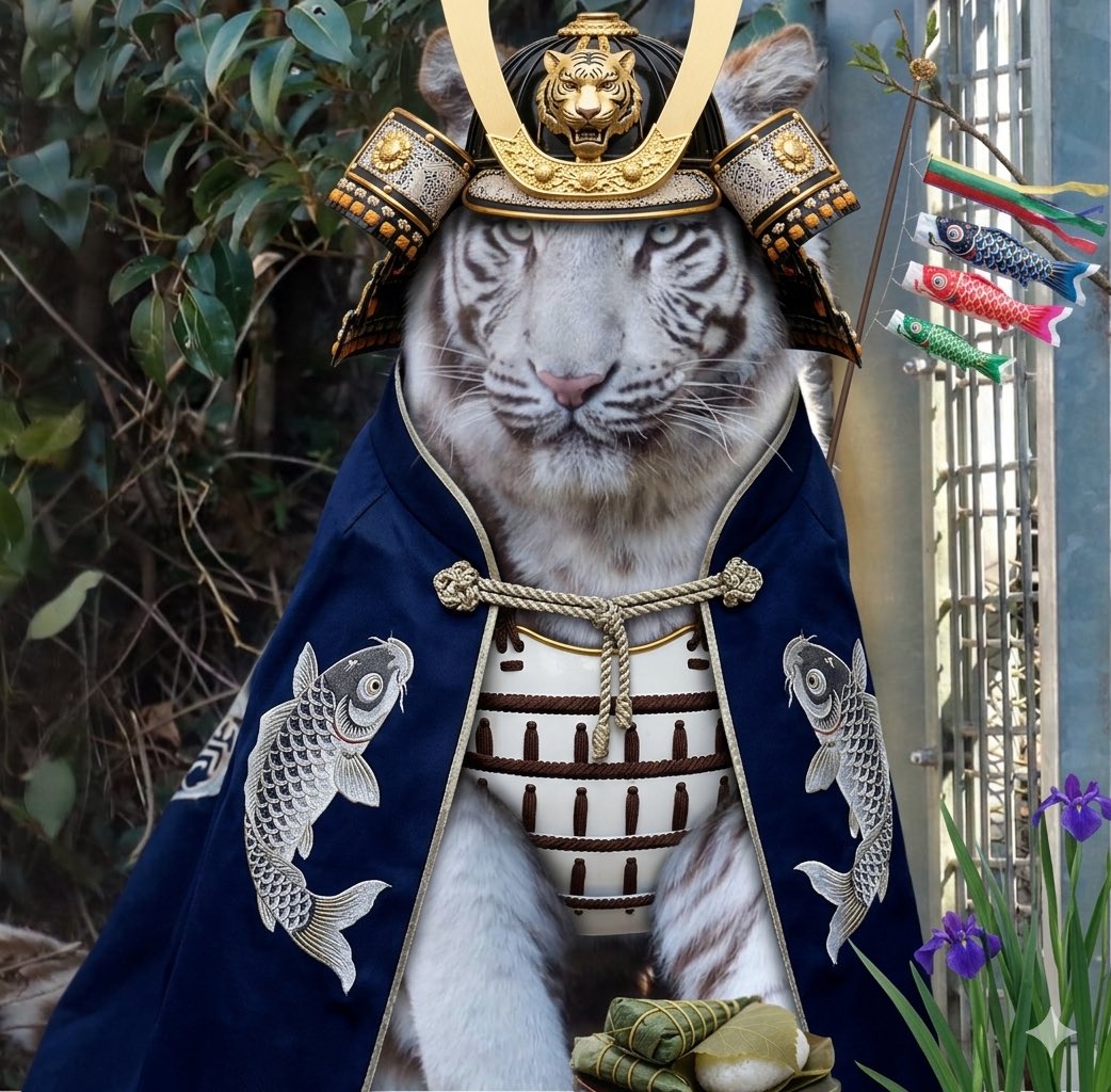 karasuma89's tweet image. しぐのこどもの日スペシャル🎏

①かっこいい！兜の🐯素敵。背景変えたいな。
②背景の変更を追加指示したら、何故かコスを消すジェミニたん。でも素敵
③背景そのままで再度コス頼んだら衣装変更しつつ背景消す💦兜と肩当にホワイトタイガー！

しぐ、どれも似合うからいいか（今ここ）😅

#Gemini