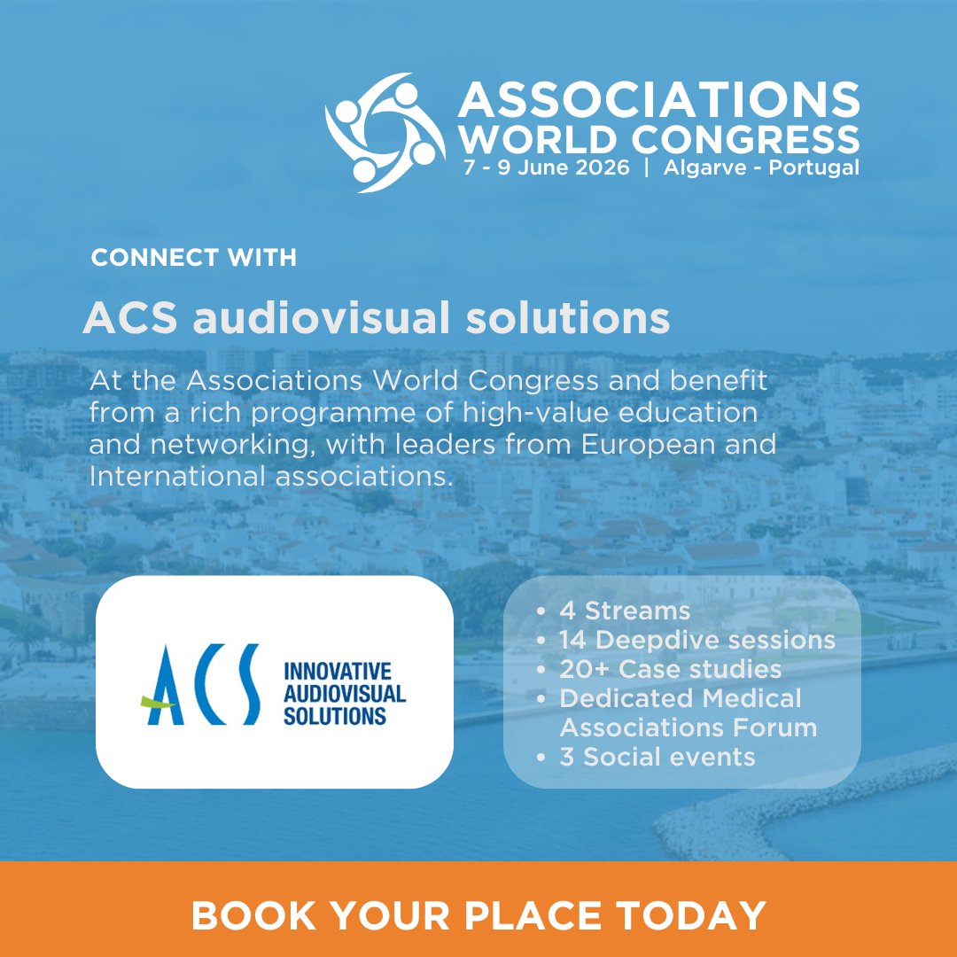 AssnExecs's tweet image. Thank you to ACS audiovisual solutions @ACSaudiovisual is exhibiting at the Associations World Congress 2026 #AWC26 
7-9 June, Algarve, Portugal. associationexecutives.org/events/associa… 

Connect with their team to discover how they can elevate your future events.

#Events #Associations #AWC26