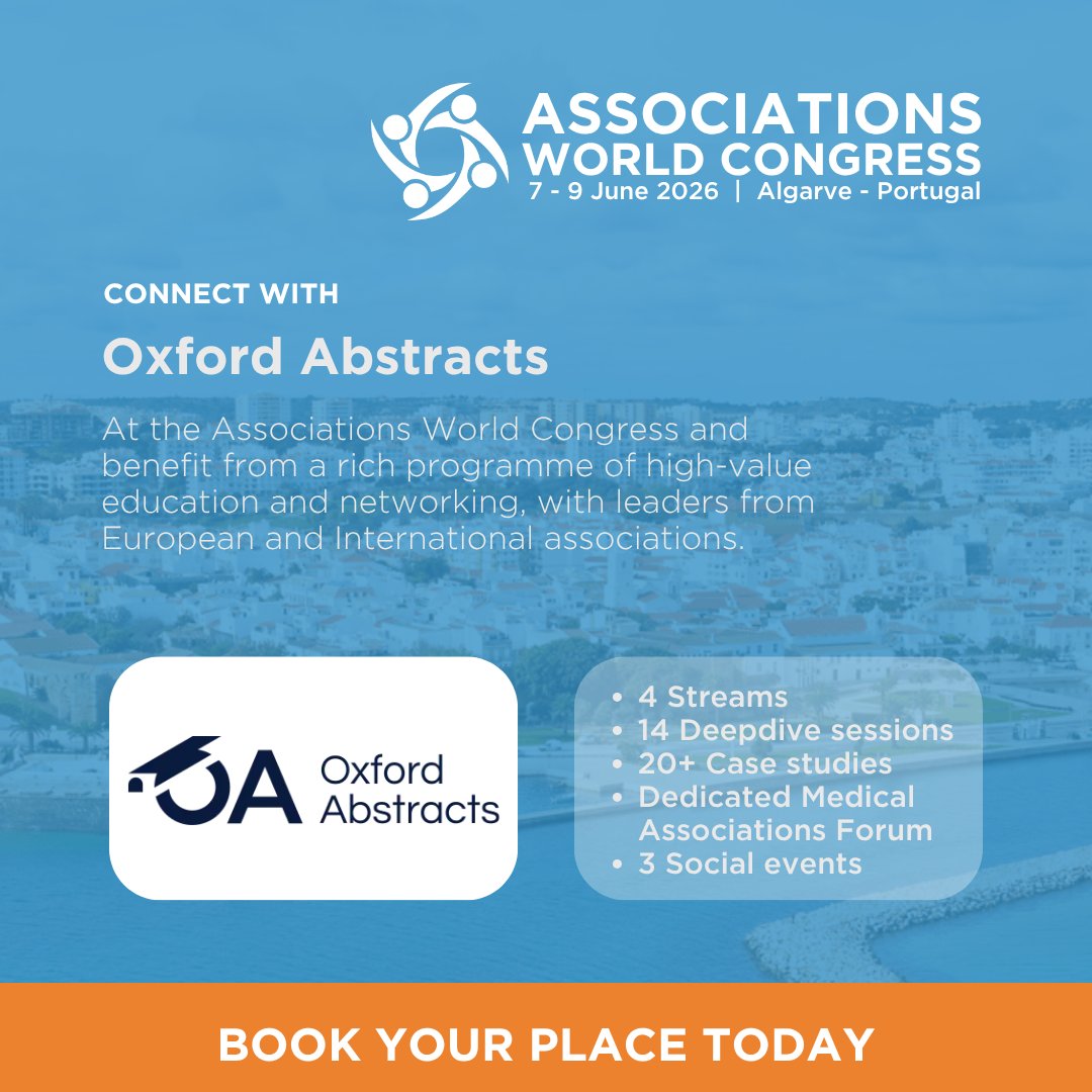 AssnExecs's tweet image. Thank you to Oxford Abstracts @AbstractsOxford is exhibiting at the Associations World Congress 2026 #AWC26 
7-9 June, Algarve, Portugal. associationexecutives.org/events/associa… 

Connect with their team to discover how they can elevate your future events.

#Events #Associations #AWC26