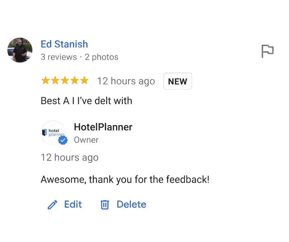 hotelplanner's tweet photo. Travel planning just got a whole lot easier—thanks to our smart AI and amazing customers like Ed! 🌟 We love making your journeys seamless. Ready for your own 5-star experience?

#HotelPlanner #CustomerReview #TravelSimplified #FiveStars https://t.co/S47SAgXy8i