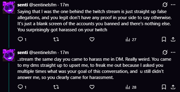 BrushyWizard's tweet photo. This is such a nothing-burger response, anything but taking accountability.

1. For starters, you say it's coincidence that I was targeted on stream that same day, despite you sending me this screenshot only minutes after I announced such, hours after we stopped conversing. https://t.co/w2fqvz9jfw