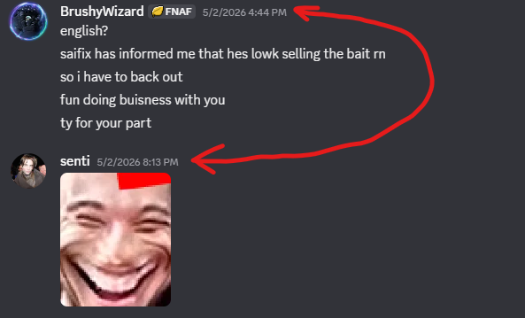 BrushyWizard's tweet photo. This is such a nothing-burger response, anything but taking accountability.

1. For starters, you say it's coincidence that I was targeted on stream that same day, despite you sending me this screenshot only minutes after I announced such, hours after we stopped conversing. https://t.co/w2fqvz9jfw