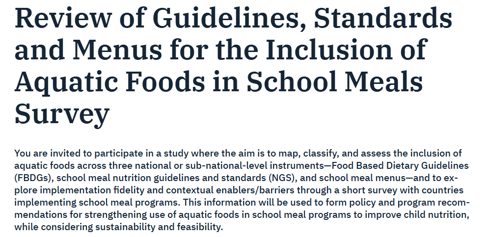 GCNFoundation's tweet photo. 🐟In many countries, fish are an important part of #SchoolMeals.

The Institute of Marine Research (IMR) and FAO Fisheries &amp; Aquaculture Division invite you to take a short survey on how aquatic foods are included in school meal guidelines and menus.

➡️https://t.co/hfpZhVii4F https://t.co/zCfOH0YwgT