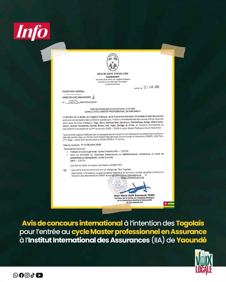 AdelineAss57797's tweet photo. Avis important !
Concours international pour intégrer le Master en Assurance à Institut International des Assurances 
Ne rate pas cette chance !
#Concours #Togo #Études #Assurance #IIA https://t.co/um3HihINyu