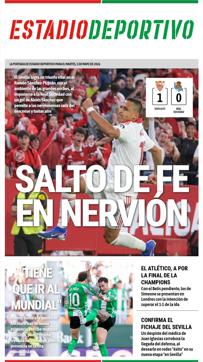Estadio_ED's tweet image. ¡Buenas noches! Esta es la portada de ESTADIO Deportivo para el martes 5 de mayo de 2026 

#SevillaFC #RealBetis
estadiodeportivo.com/portadas/porta…