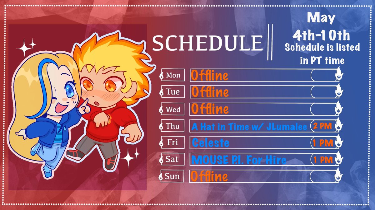 FireDoesStuffVT's tweet image. Here’s my schedule for the week, was supposed to do this yesterday but whatever 🤷‍♂️ #smallstreamer #vtuber #envtuber #roadto200 #roadto1k #twitch #twitchaffiliate