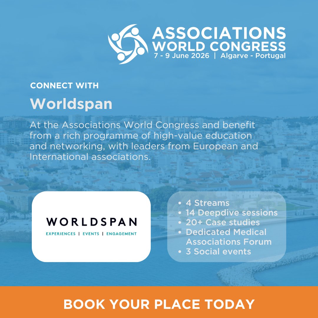 AssnExecs's tweet image. Thank you to Worldspan @Worldspan_Event is exhibiting at the Associations World Congress 2026 #AWC26
7-9 June, Algarve, Portugal. associationexecutives.org/events/associa… 

Connect with their team to discover how they can elevate your future events.

#Events #Associations #AWC26