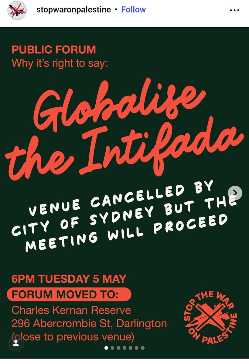 <a href="/CloverMoore/">Clover Moore AO</a> cancelled room for “Globalise the Intifada”-  but forum going ahead

📍Charles Kernan Reserve, Abercrombie St, Darlington (near Redfern station)

📅 6pm Tuesday 5 May

Moore has folded to Murdoch media fear and lies about the forum and slogan ‘Globalise the Intifada’