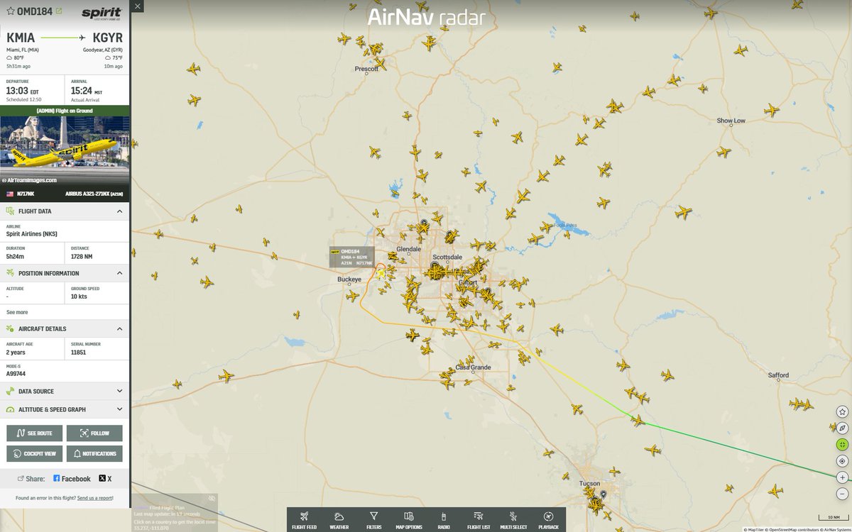 AirNavRadar's tweet image. Another one heads into storage✈️🏜️

This Airbus A321-271NX (N171NK) from Spirit Airlines has just landed in Goodyear, Arizona, where it will be parked and preserved.

Track it live: airnavradar.com/flight/OMD184 

#SpiritAirlines #A321neo #Storage #AircraftTracking