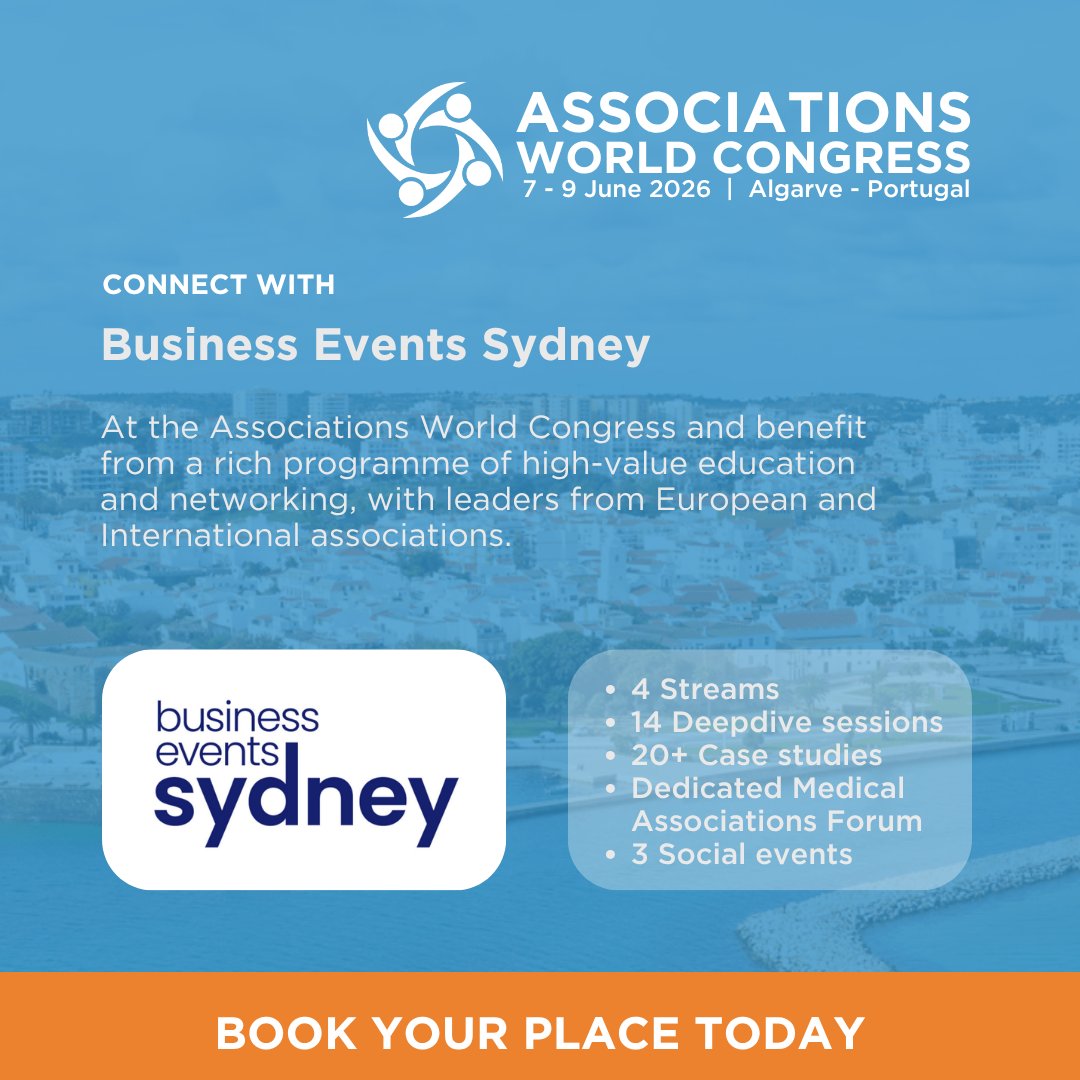 AssnExecs's tweet image. Thank you to Business Events Sydney @BESydney
is exhibiting at the Associations World Congress 2026 #AWC26 
7-9 June, Algarve, Portugal. associationexecutives.org/events/associa… 

Connect with their team to discover how their destination can elevate your flagship conference.

#Events